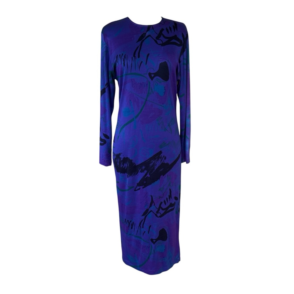 VINTAGE FLORA KUNG 100% Silk Elegant Purple Abstract Dress Midi Length